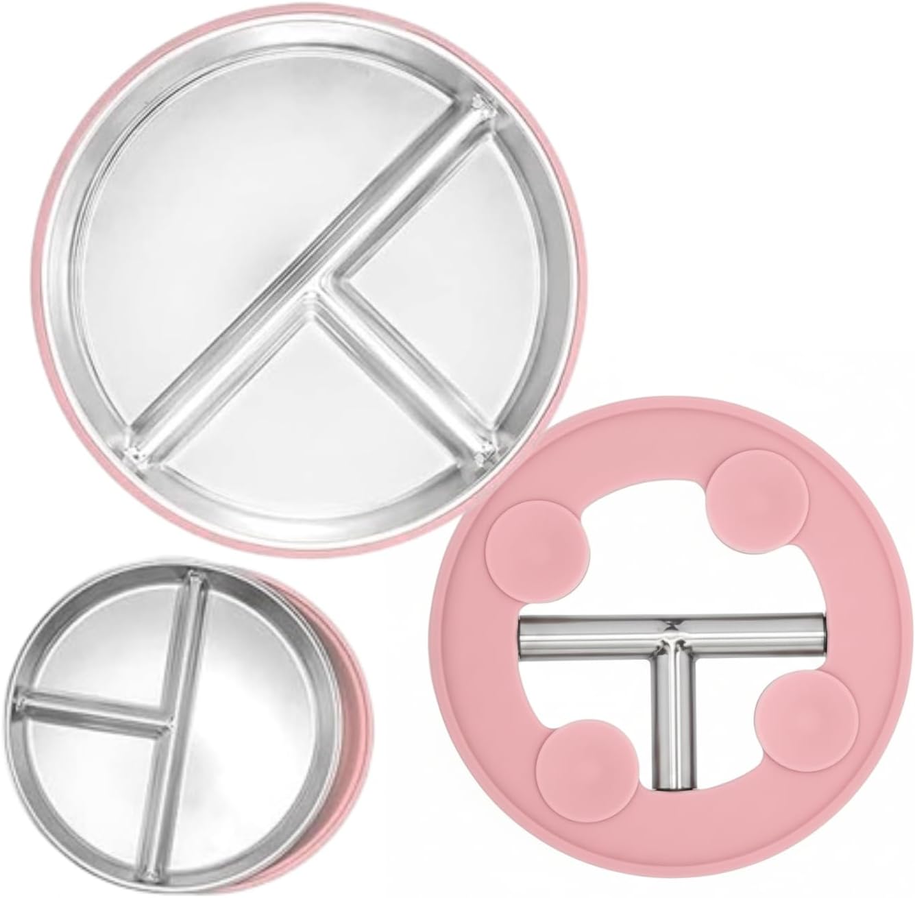 RENVA Baby Suction Plate Stainless Steel | Divided Toddler Plate with Silicone Base | Anti-Slip, BPA-Free, Mess-Free Feeding | Kids Plate (Pink, 1 Pc)