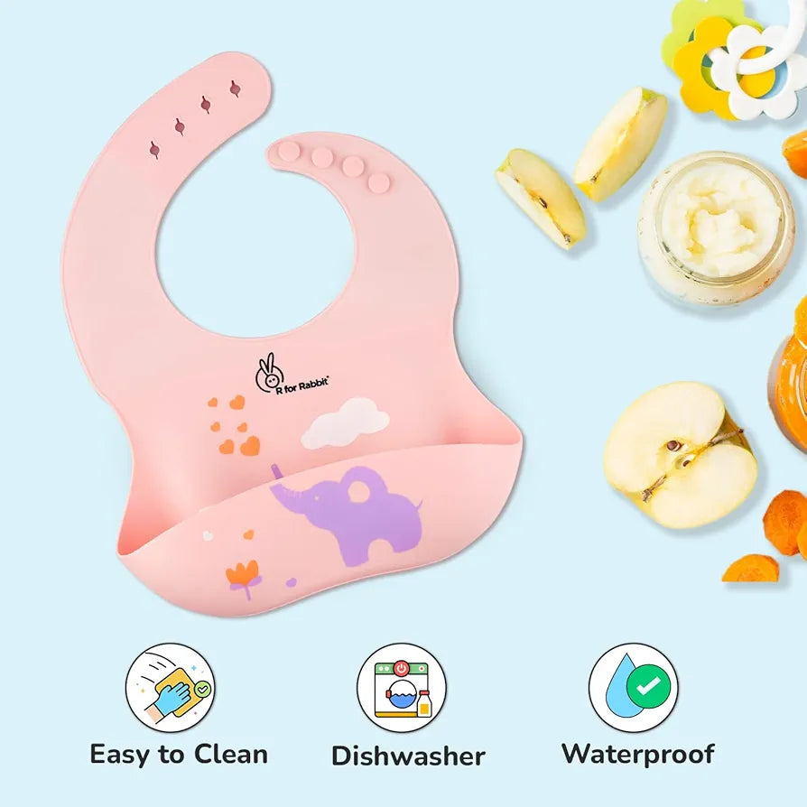 R for Rabbit Premium Silicone Baby Bib | Mess-Free Feeding with Food Catcher Pocket | Soft, Waterproof, BPA-Free & Adjustable