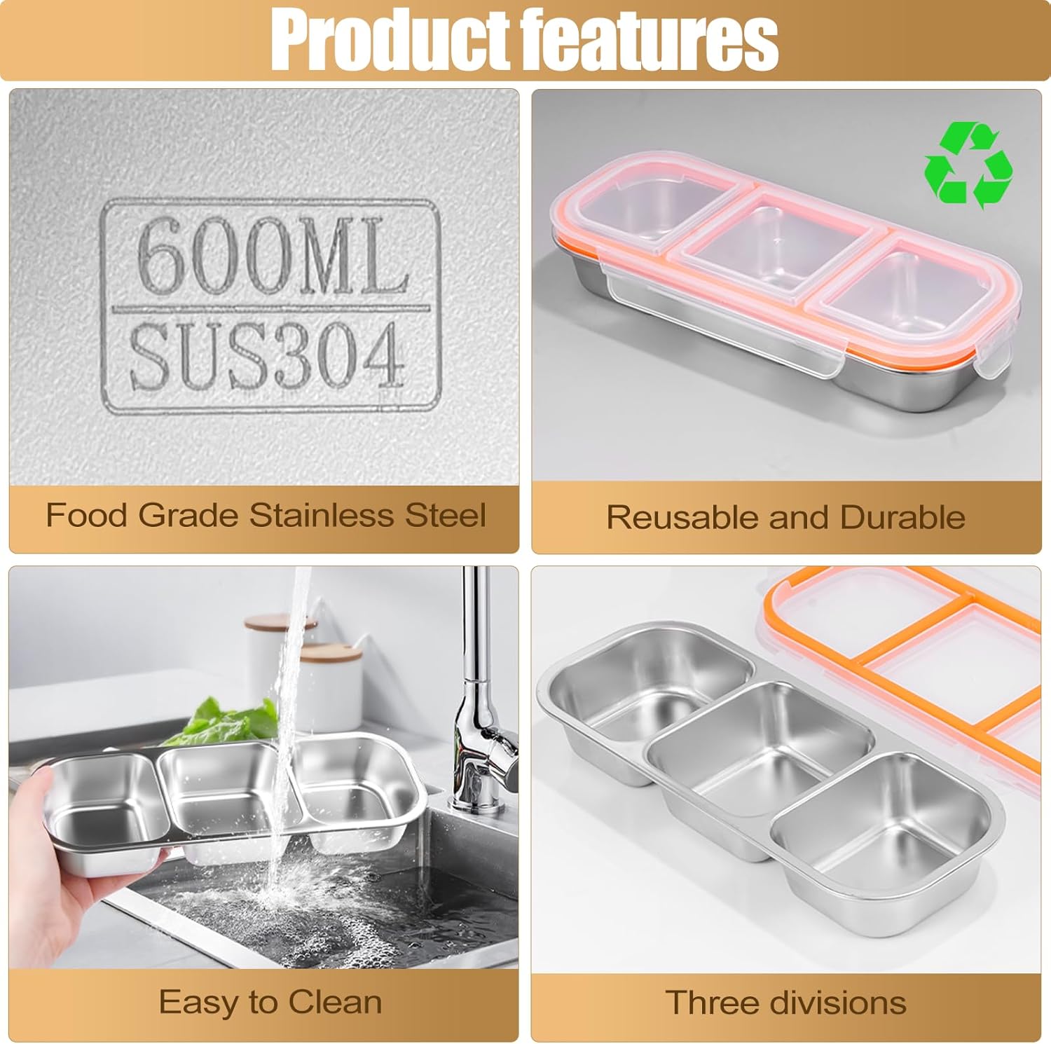 Stainless Steel 3-Compartment Snack Box for Kids – Leakproof Bento Container