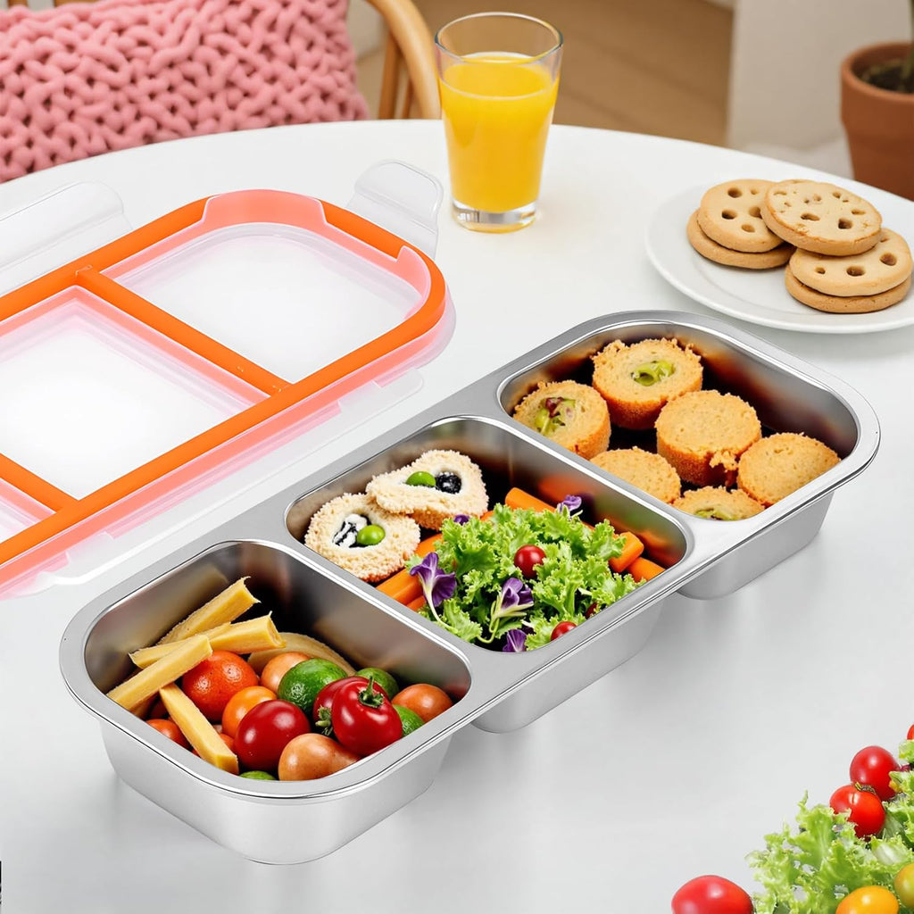 Stainless Steel 3-Compartment Snack Box for Kids – Leakproof Bento Container