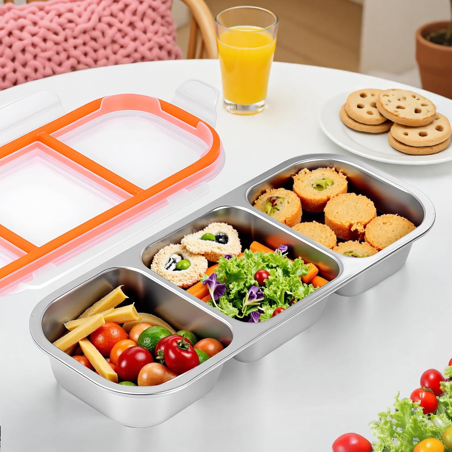 Stainless Steel 3-Compartment Snack Box for Kids – Leakproof Bento Container