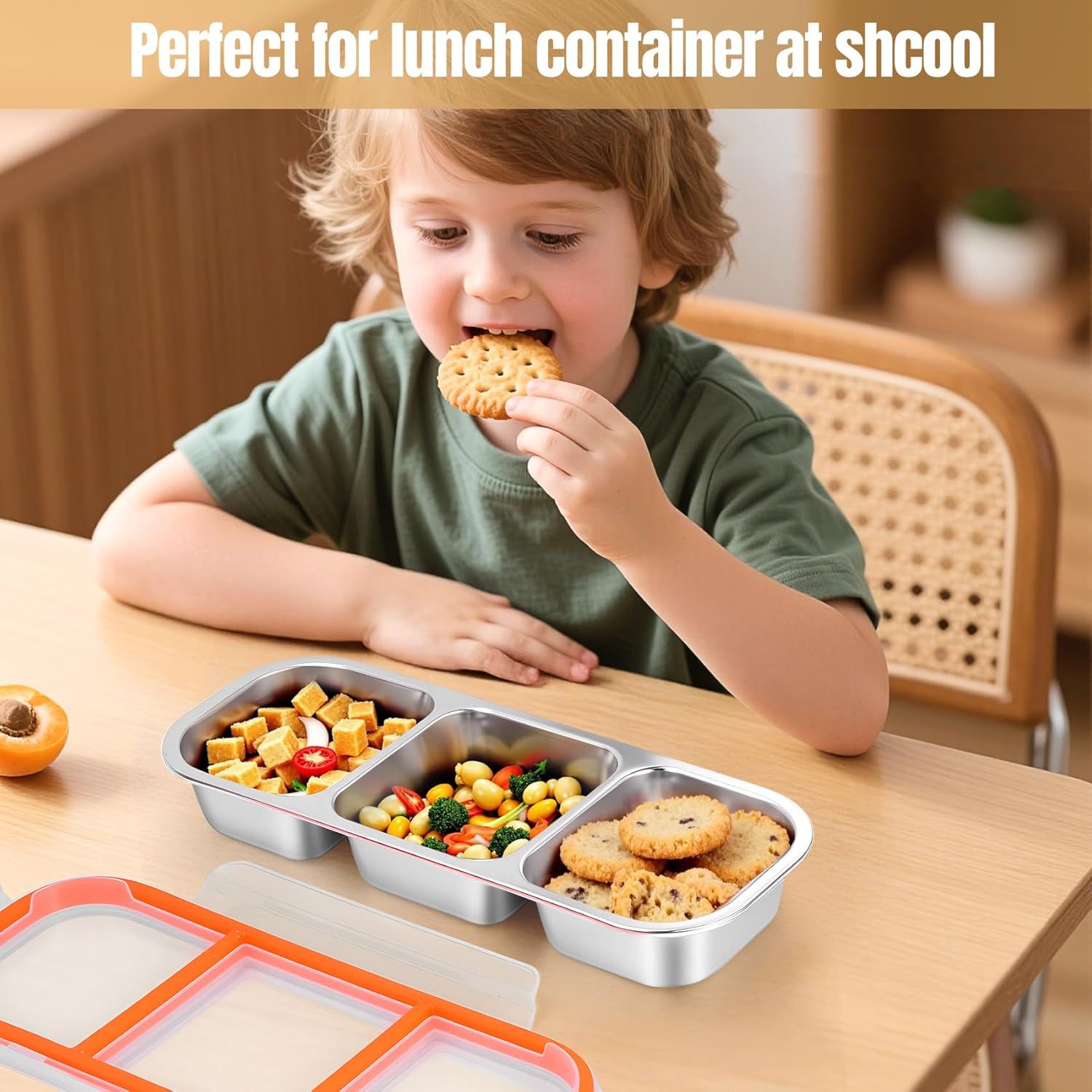 Stainless Steel 3-Compartment Snack Box for Kids – Leakproof Bento Container