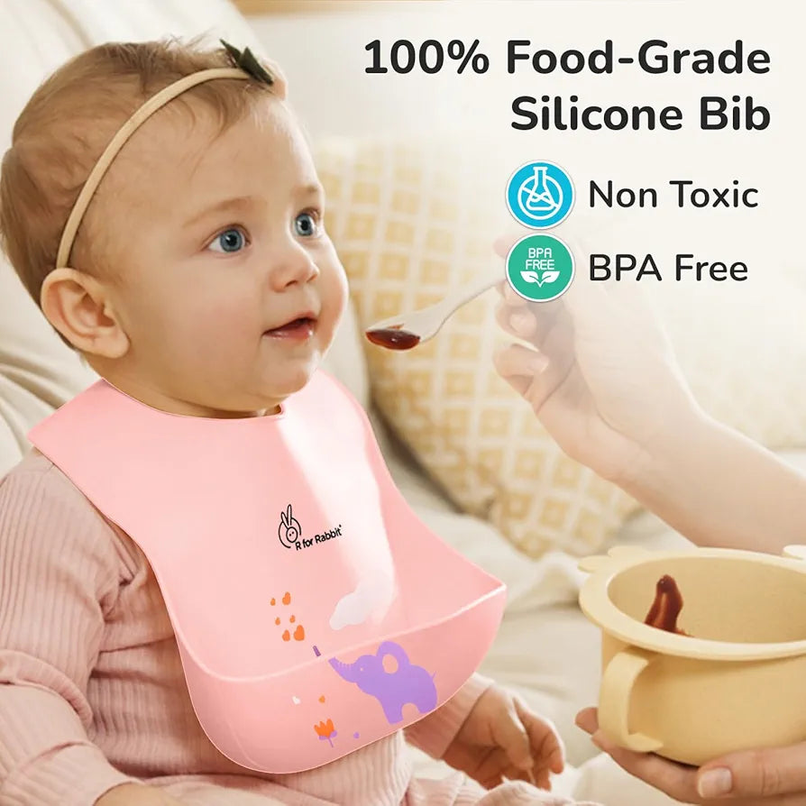 R for Rabbit Premium Silicone Baby Bib | Mess-Free Feeding with Food Catcher Pocket | Soft, Waterproof, BPA-Free & Adjustable