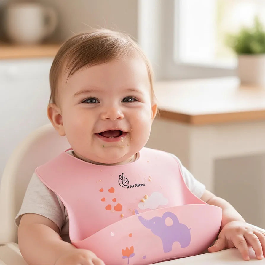 R for Rabbit Premium Silicone Baby Bib | Mess-Free Feeding with Food Catcher Pocket | Soft, Waterproof, BPA-Free & Adjustable