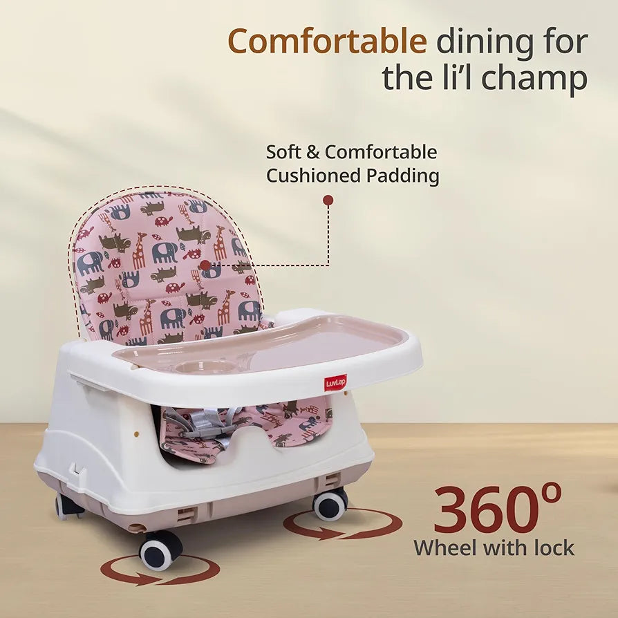 LuvLap 4-in-1 Baby High Chair with Wheels | Adjustable Toddler Feeding Booster Seat | 3 Height Levels | Cushioned Seat | Safe & Sturdy for Kids
