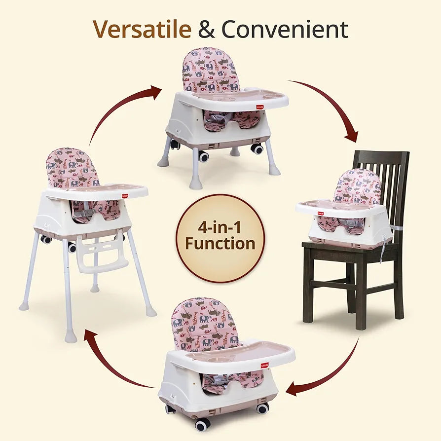 LuvLap 4-in-1 Baby High Chair with Wheels | Adjustable Toddler Feeding Booster Seat | 3 Height Levels | Cushioned Seat | Safe & Sturdy for Kids