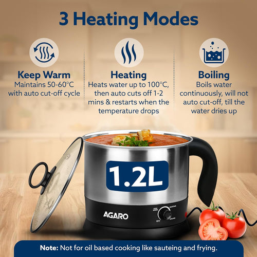 AGARO Esteem 1.2L Electric Multipurpose Kettle | 600W Stainless Steel Electric Kettle | Fast Heating, Portable & Easy to Use