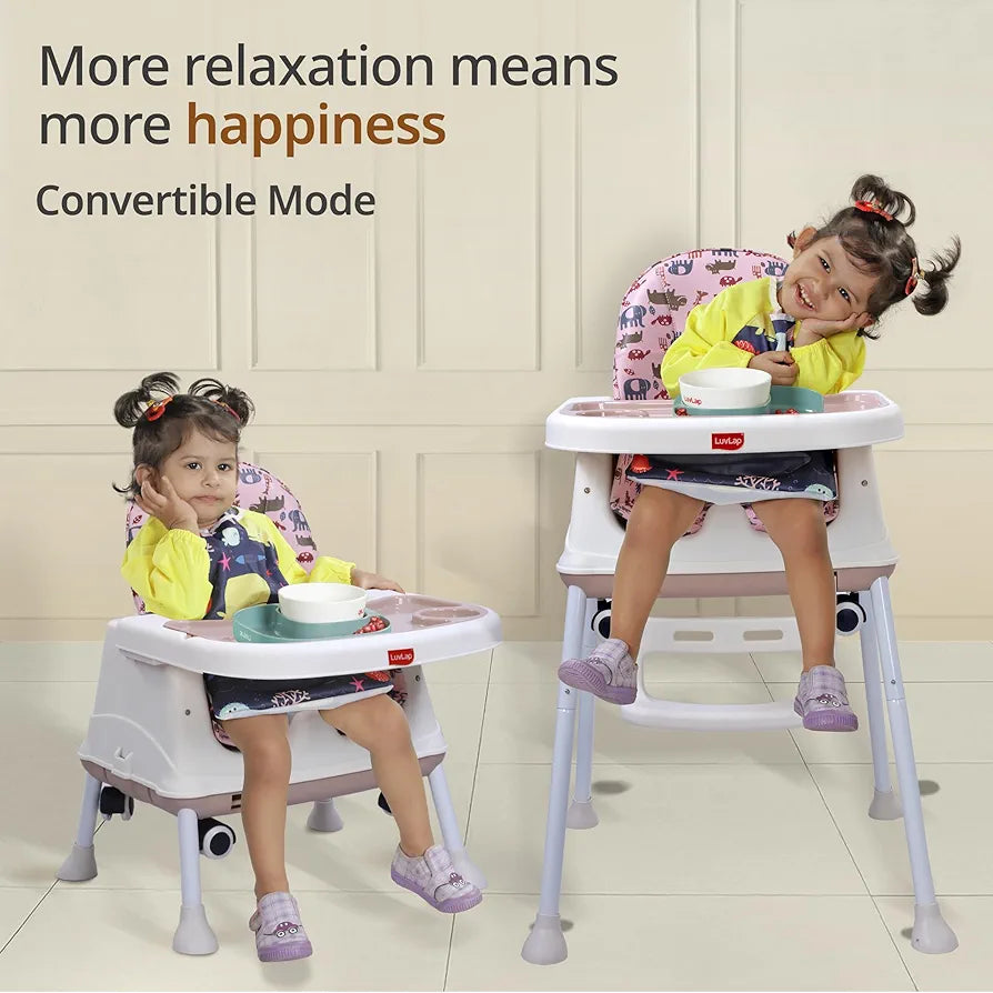 LuvLap 4-in-1 Baby High Chair with Wheels | Adjustable Toddler Feeding Booster Seat | 3 Height Levels | Cushioned Seat | Safe & Sturdy for Kids