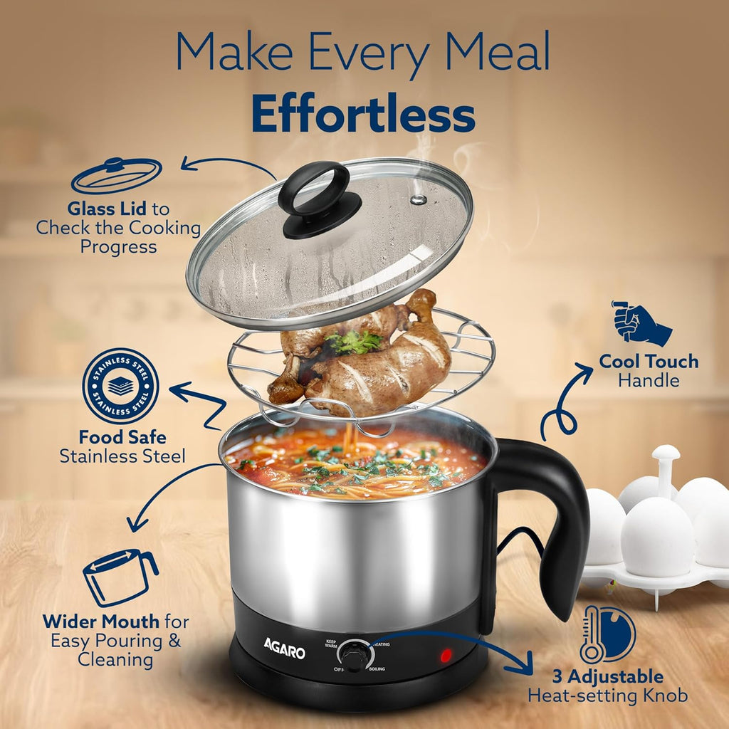 AGARO Esteem 1.2L Electric Multipurpose Kettle | 600W Stainless Steel Electric Kettle | Fast Heating, Portable & Easy to Use