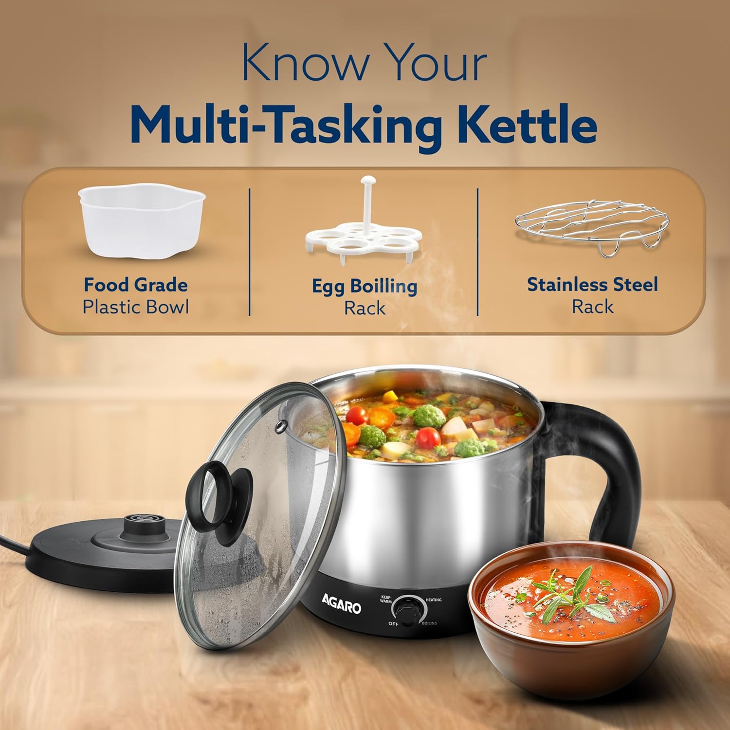 AGARO Esteem 1.2L Electric Multipurpose Kettle | 600W Stainless Steel Electric Kettle | Fast Heating, Portable & Easy to Use