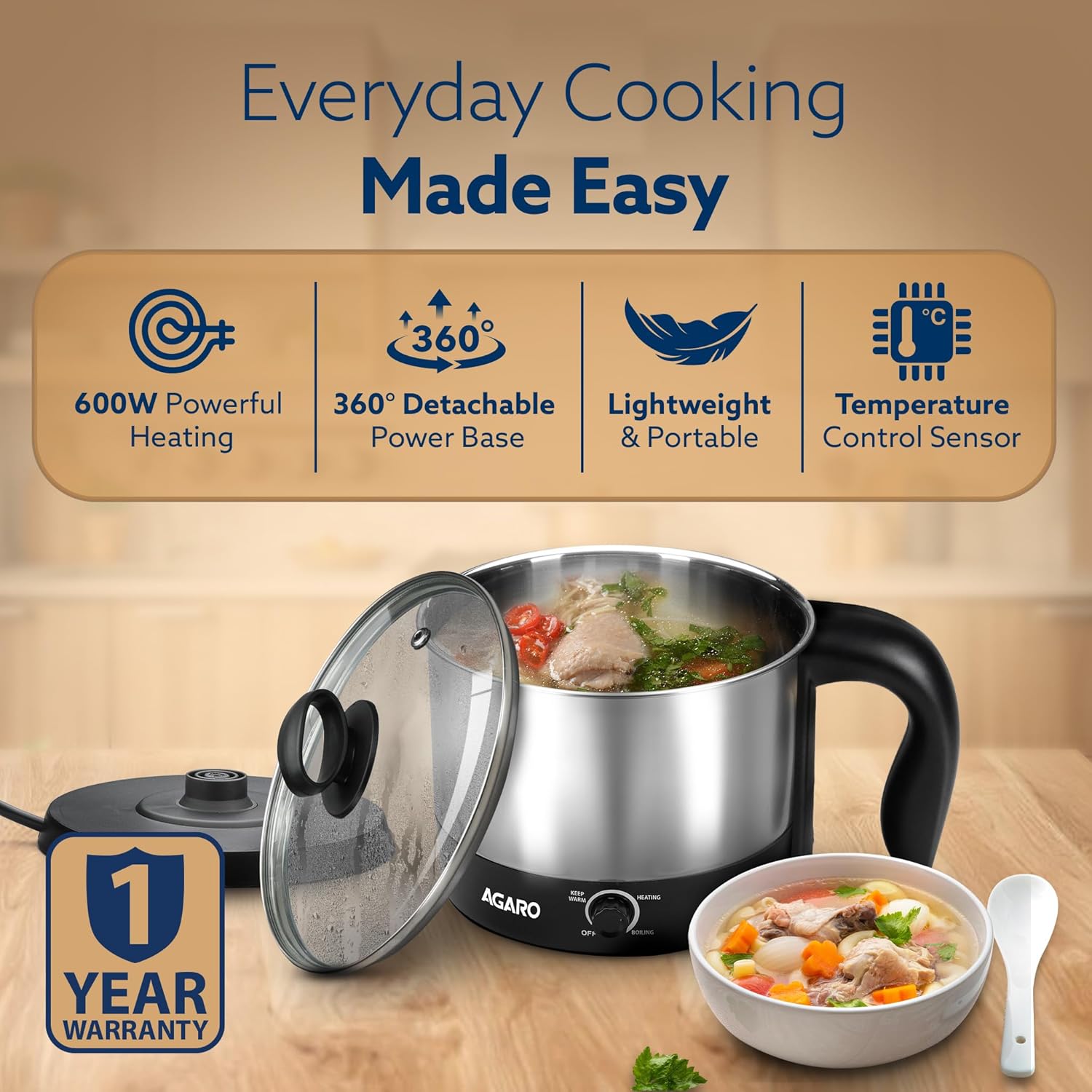 AGARO Esteem 1.2L Electric Multipurpose Kettle | 600W Stainless Steel Electric Kettle | Fast Heating, Portable & Easy to Use