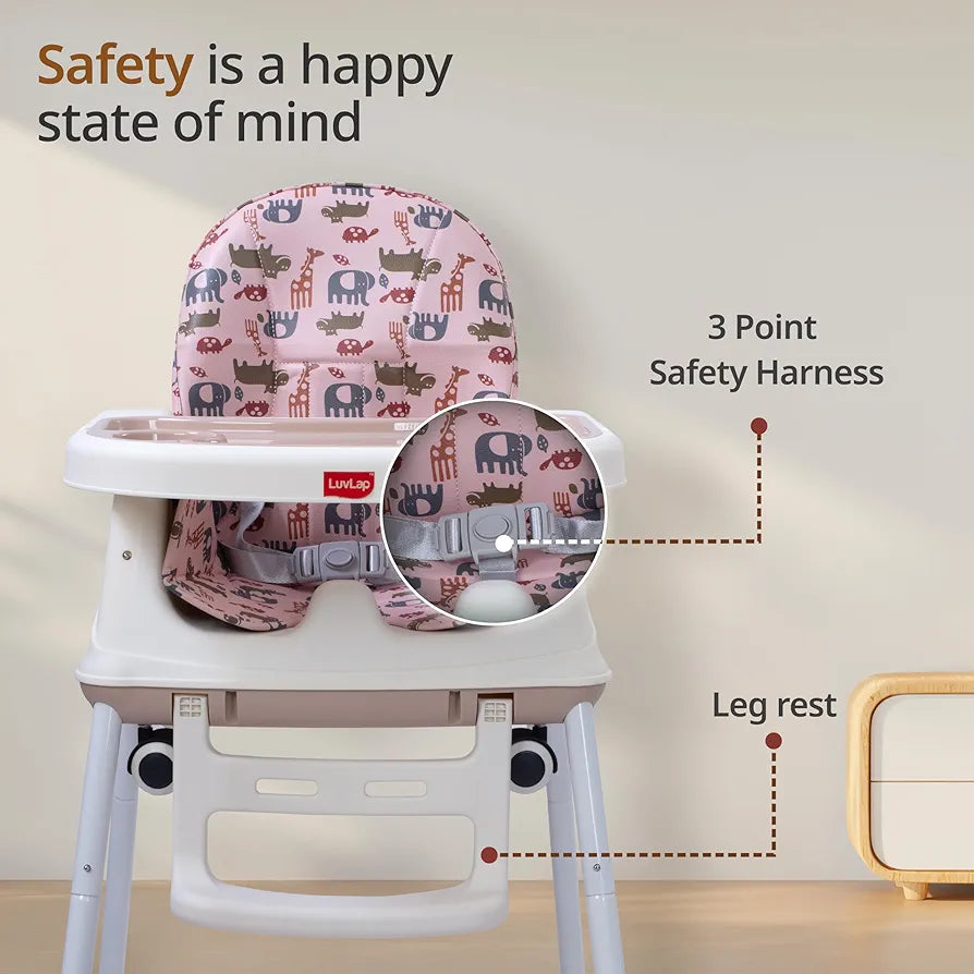 LuvLap 4-in-1 Baby High Chair with Wheels | Adjustable Toddler Feeding Booster Seat | 3 Height Levels | Cushioned Seat | Safe & Sturdy for Kids